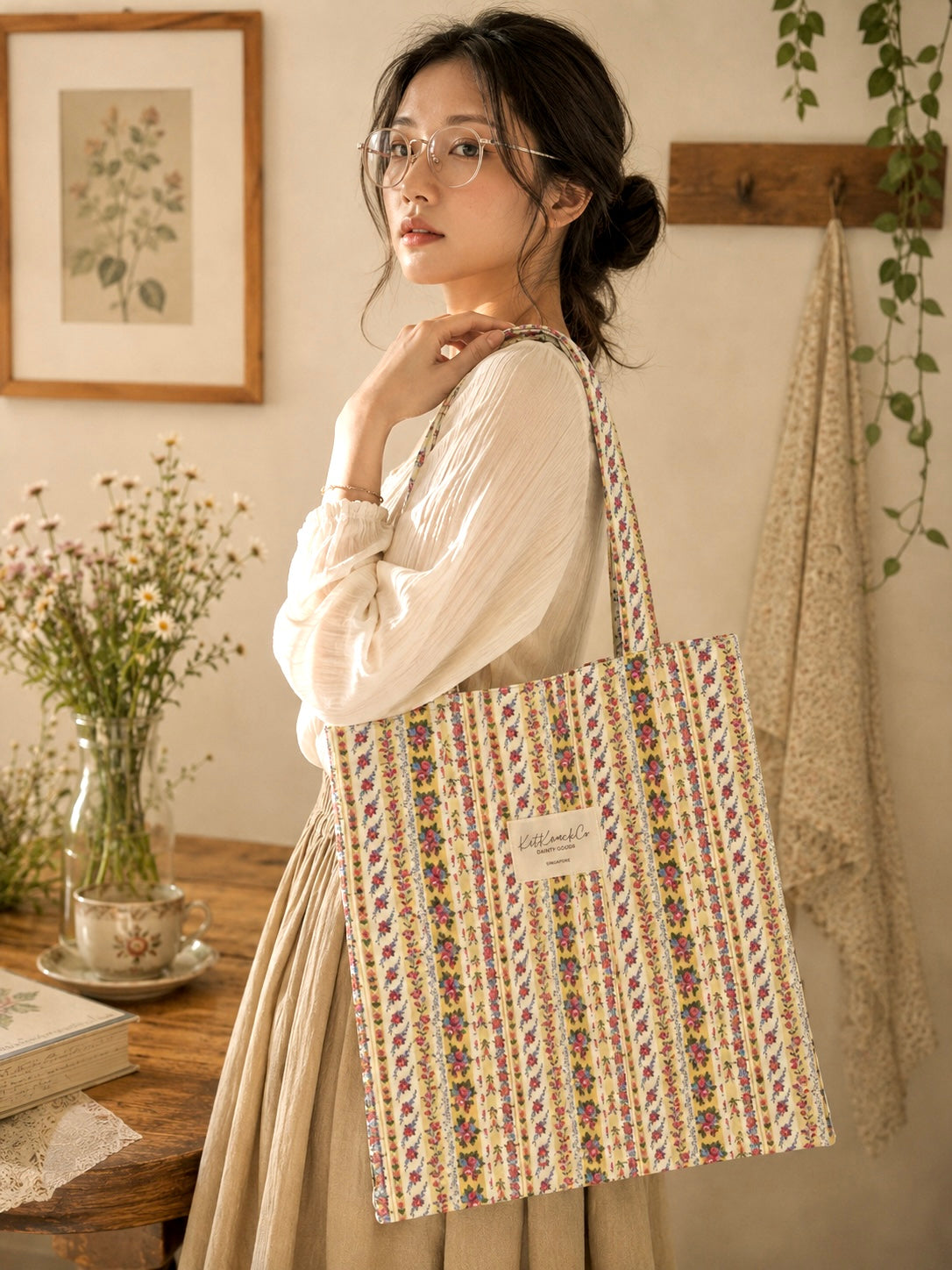 Josie Pocket Tote Bag - Mustard Florals