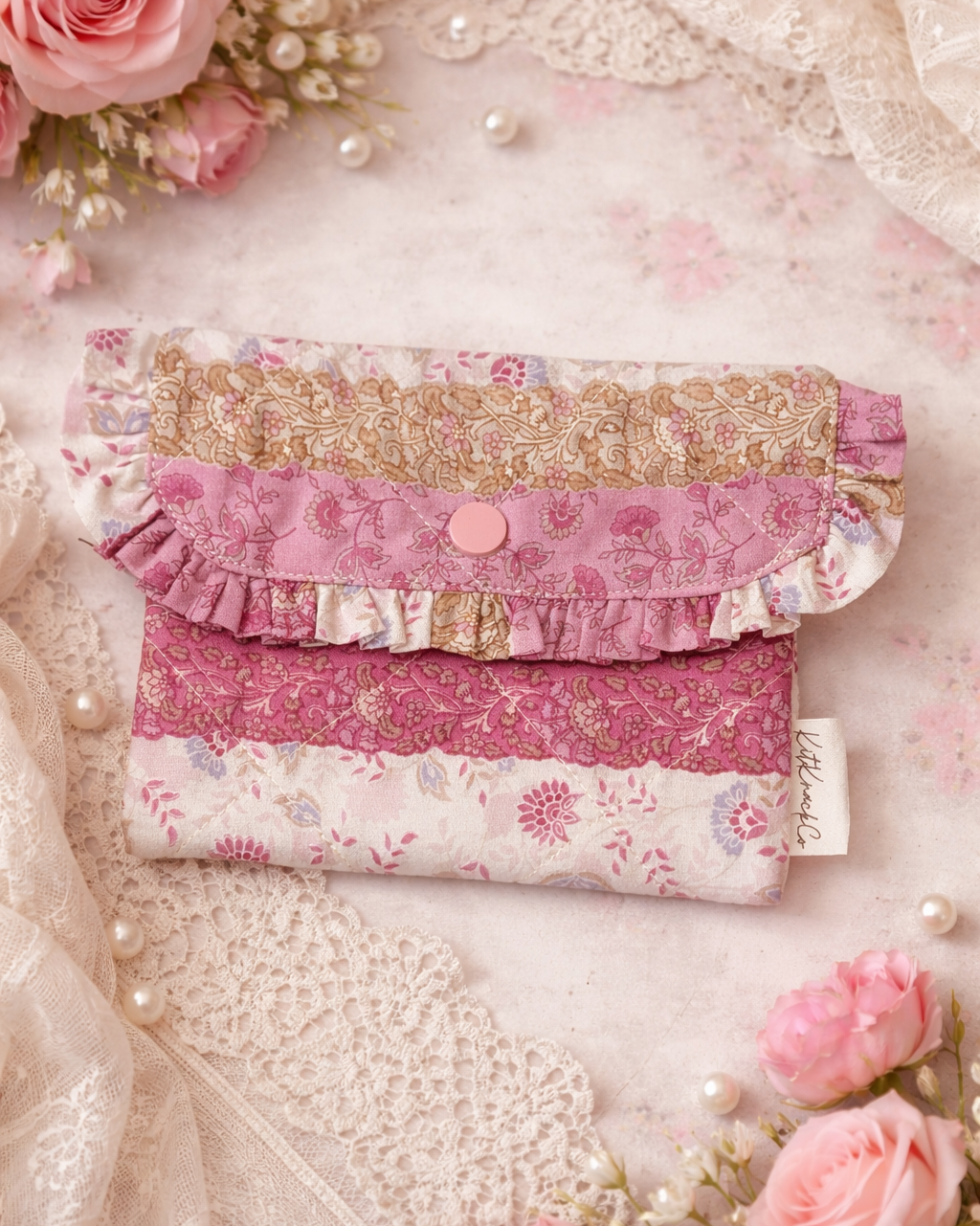 Colette Frilly Button Pouch - Pink Florals