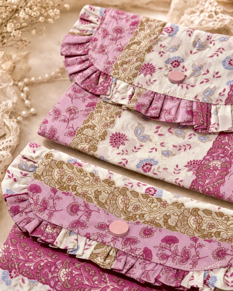 Colette Frilly Button Pouch - Pink Florals