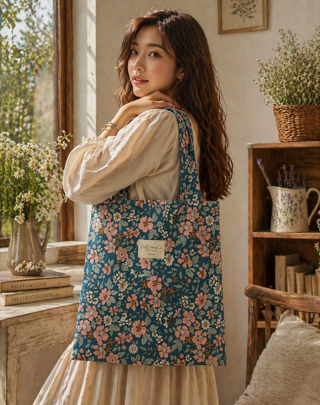 Josie Pocket Tote Bag - Periwinkle Garden