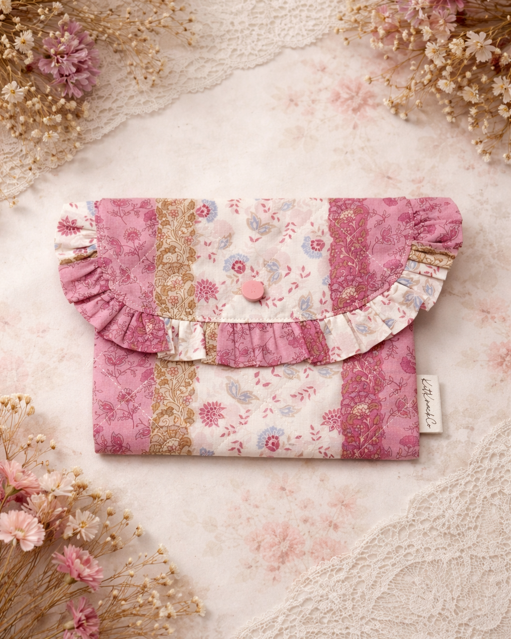 Colette Frilly Button Pouch - Pink Florals